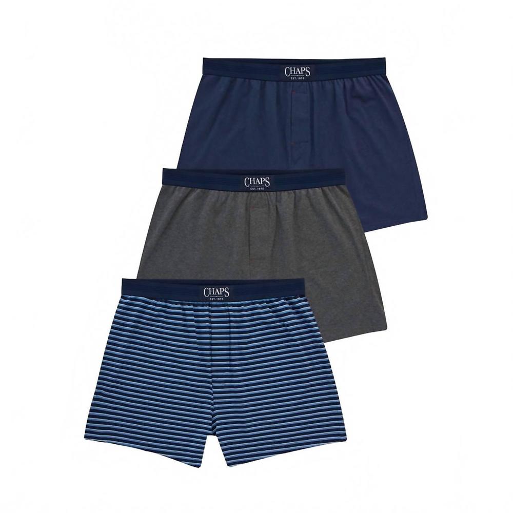 NEW CHAPS men's knit boxer three pack set in navy/navy multi stripe/charcoal gre
